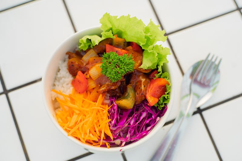 Steak Power Bowl with rice, beans and fresh toppings